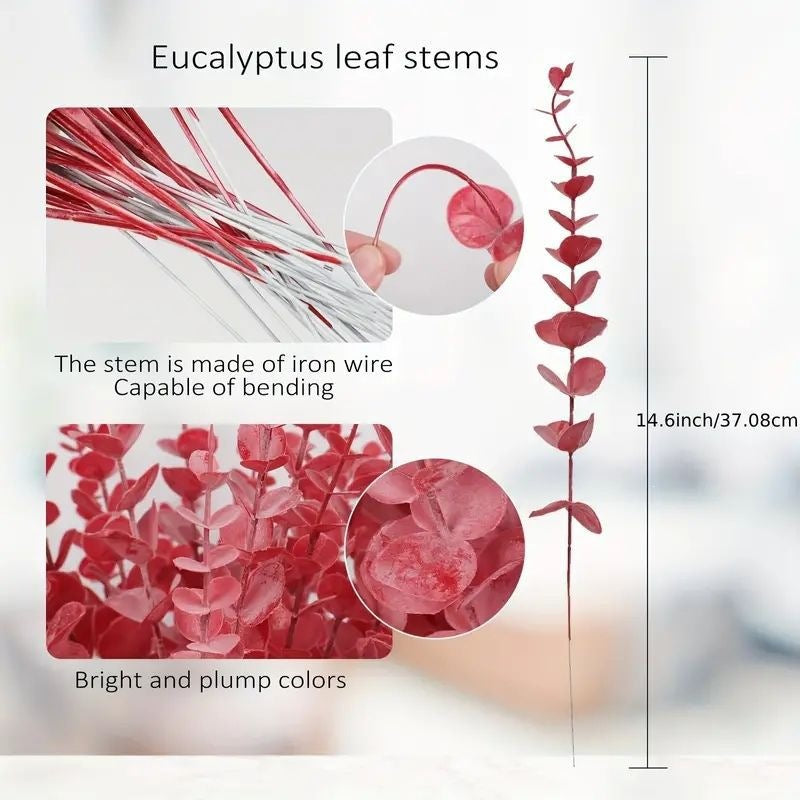 Künstlicher Eukalyptus, rot, Einzelzweig im 50er-Pack, Kunstblume für Hochzeit, Deko und Gewerbe