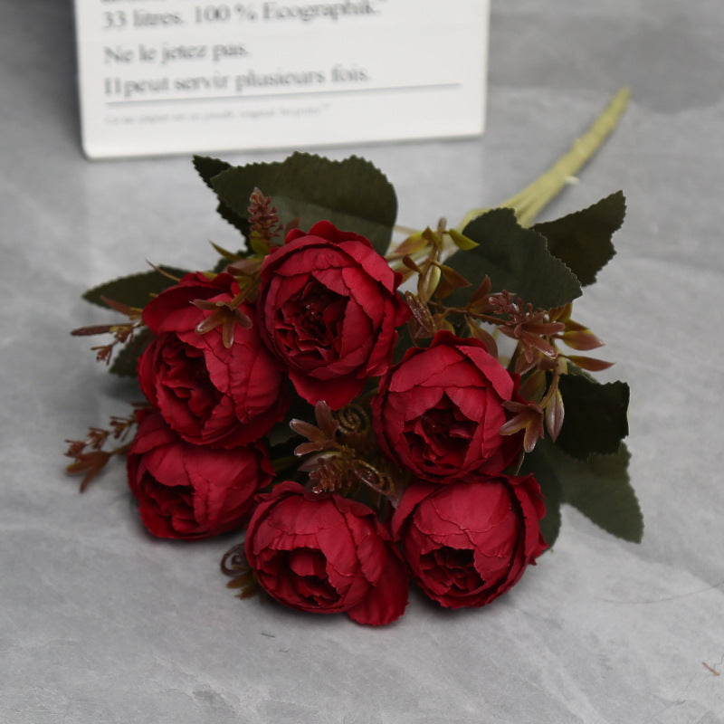 Künstliche Pfingstrose, einzelner Stiel mit 6 Blüten, 28 cm Höhe, Seidenstoff, retro Design