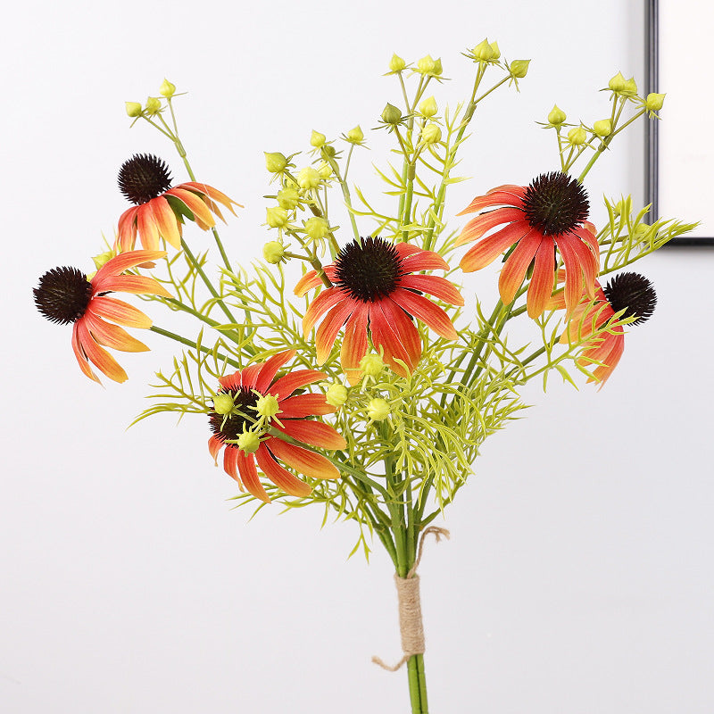 Künstlicher Sonnenhut Blumenstrauß, 4 Stiele mit 6 Blüten, Seidenstoff-Optik, für Hochzeit, Hotel, Schaufenster und Zuhause