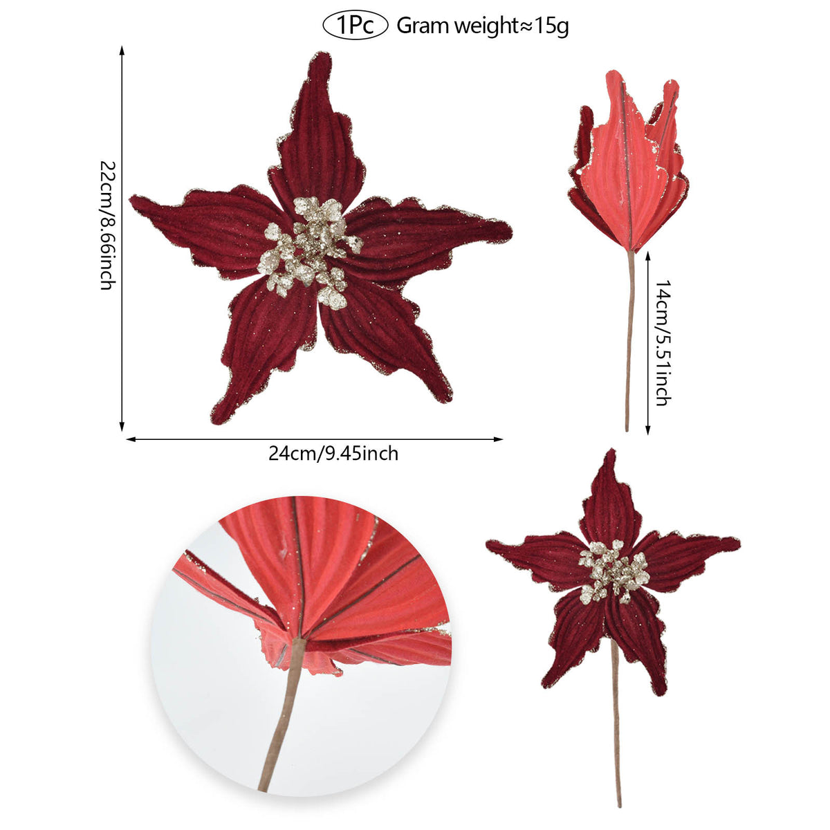 Künstliche Weihnachtsstern-Blüte aus Samtstoff, 28 cm hoch, einzelner Stiel für festliche Dekoration