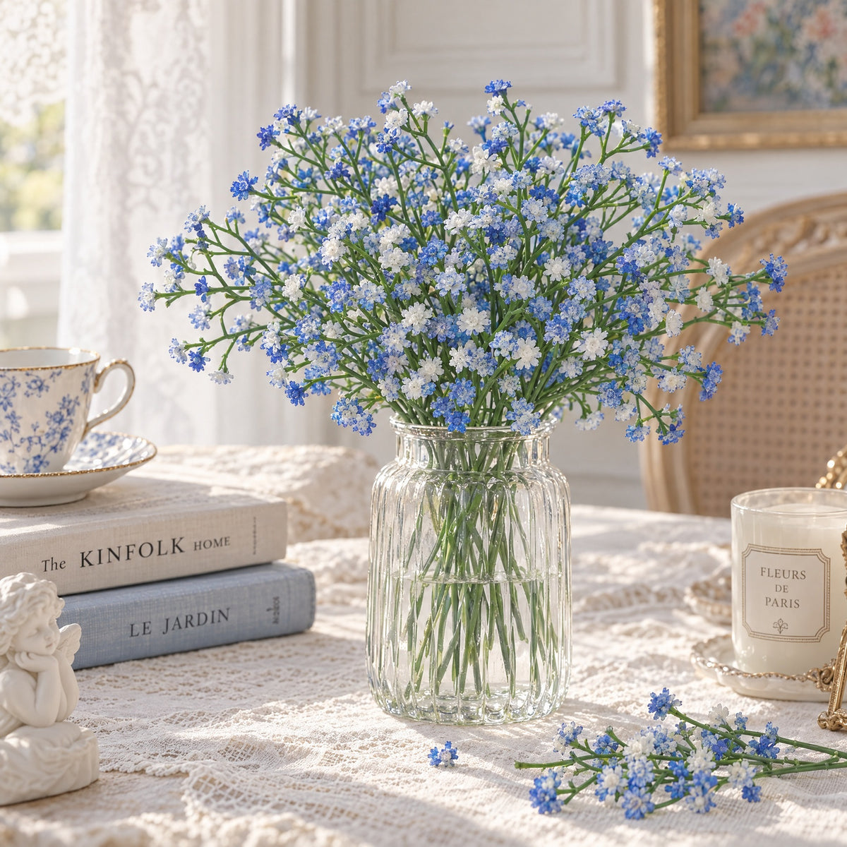 10er Set künstliche Gypsophila (Schleierkraut) Stiele – 27 cm, Silikon, Hochzeit Dekoration, Floristik, Innenraum, weiß & himmelblau
