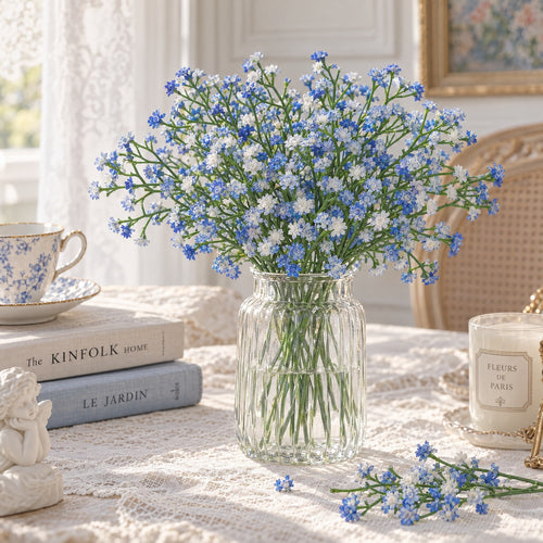 10er Set künstliche Gypsophila (Schleierkraut) Stiele – 27 cm, Silikon, Hochzeit Dekoration, Floristik, Innenraum, weiß & himmelblau