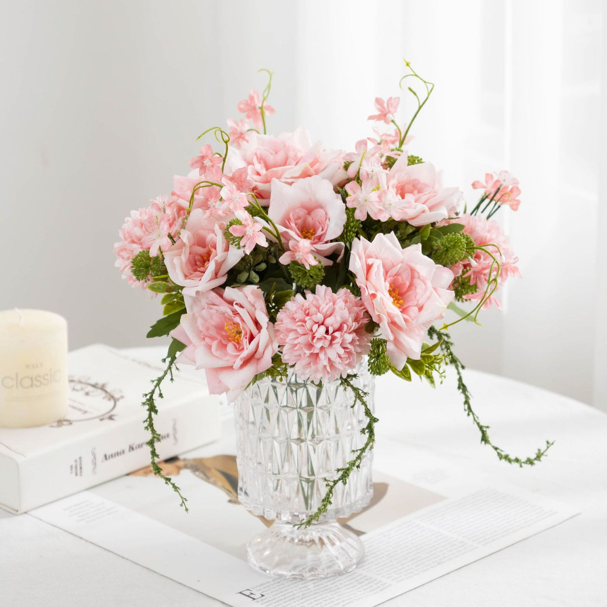 28 cm künstliche Rosenstrauß mit Chrysanthemen und Millet, Kunststoff, 5 Blüten, für Hochzeiten und Innendekoration