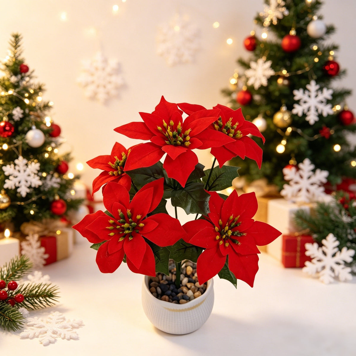 Künstliche Weihnachtssterne, 5-blütiger Busch aus Seidenstoff, 36,5 cm hoch, für Hochzeiten, Büros und Innenräume