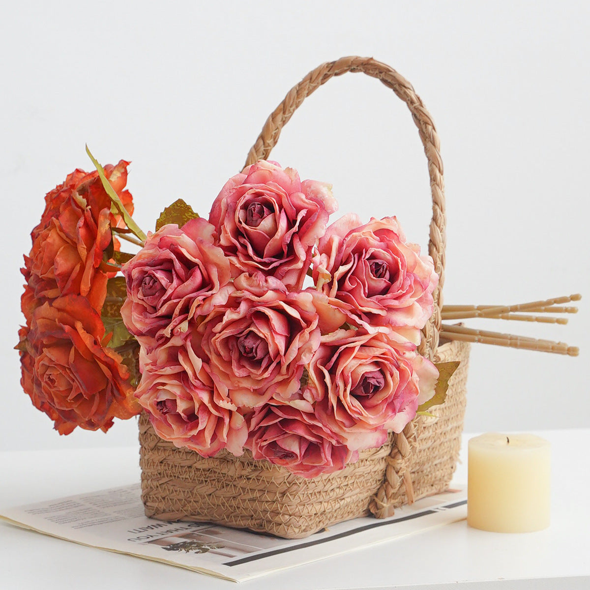 7-Blüten-Rosenstrauß, künstliche Vintage-Rosen, 35 cm, für Hochzeit, Dekoration, Innenraum