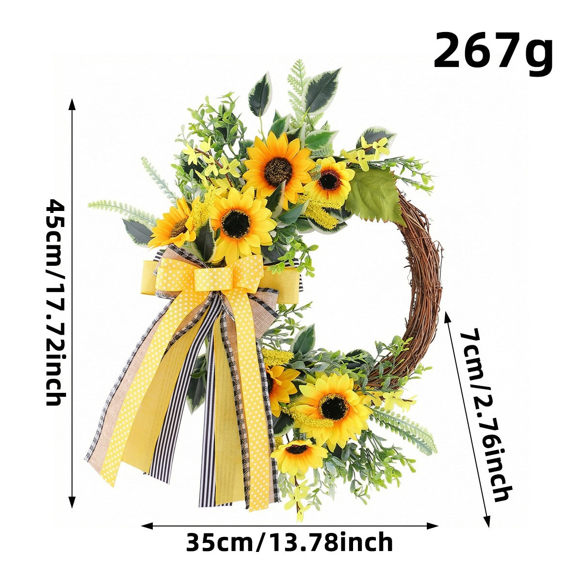 Künstlicher Sonnenblumen-Halbkranz mit Bienen, 45 cm, Herbst-Dekoration, Türschmuck aus Kunststoff
