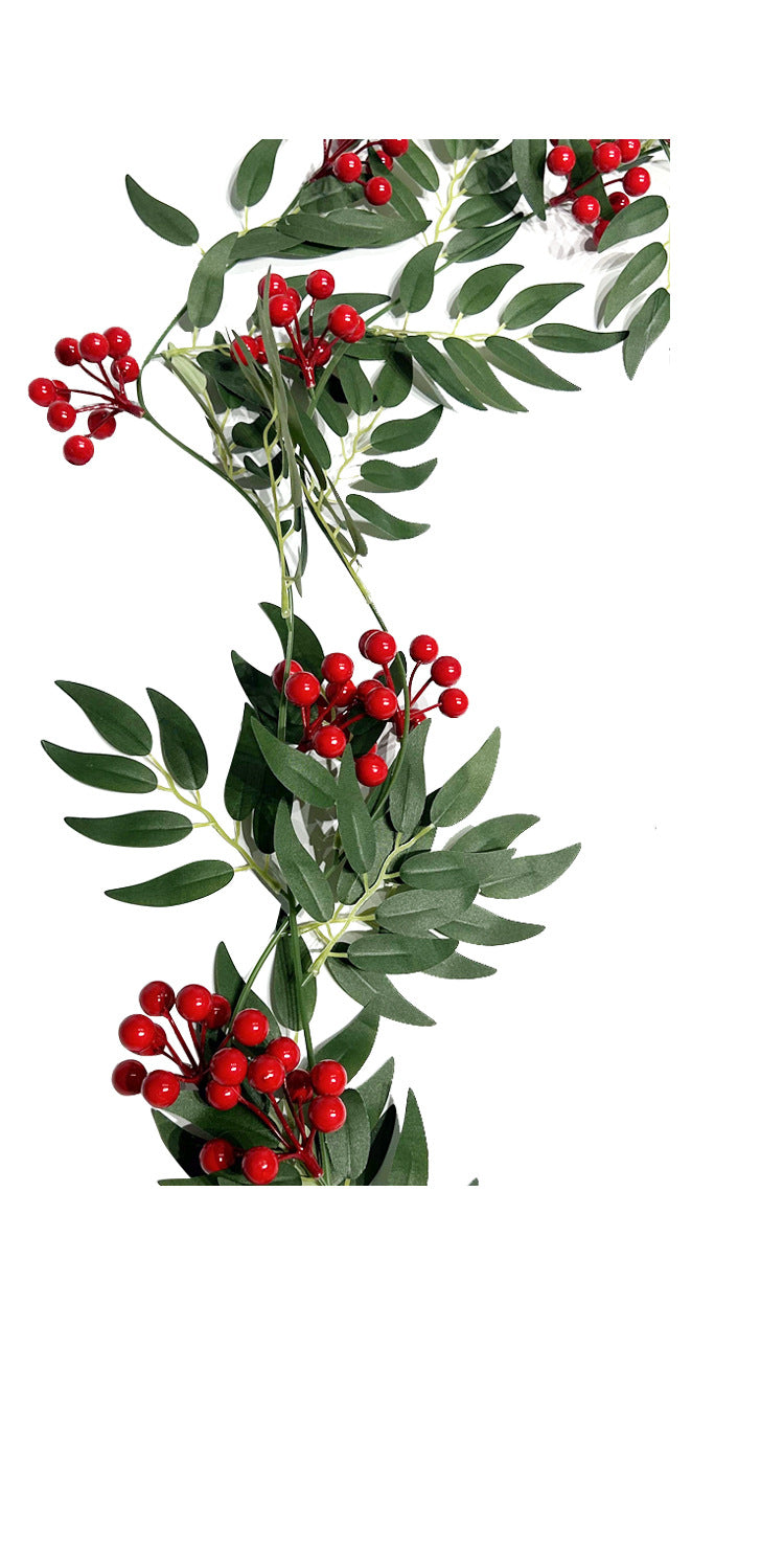 Künstliche Weidenblatt-Ranke mit roten Beeren, 2er-Set Girlande aus Kunstseide, Weihnachtsdeko für Tür, Haus und Schaufenster