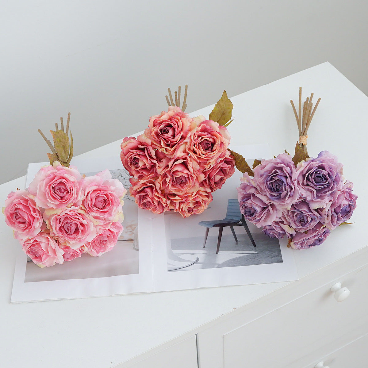 7-Blüten-Rosenstrauß, künstliche Vintage-Rosen, 35 cm, für Hochzeit, Dekoration, Innenraum