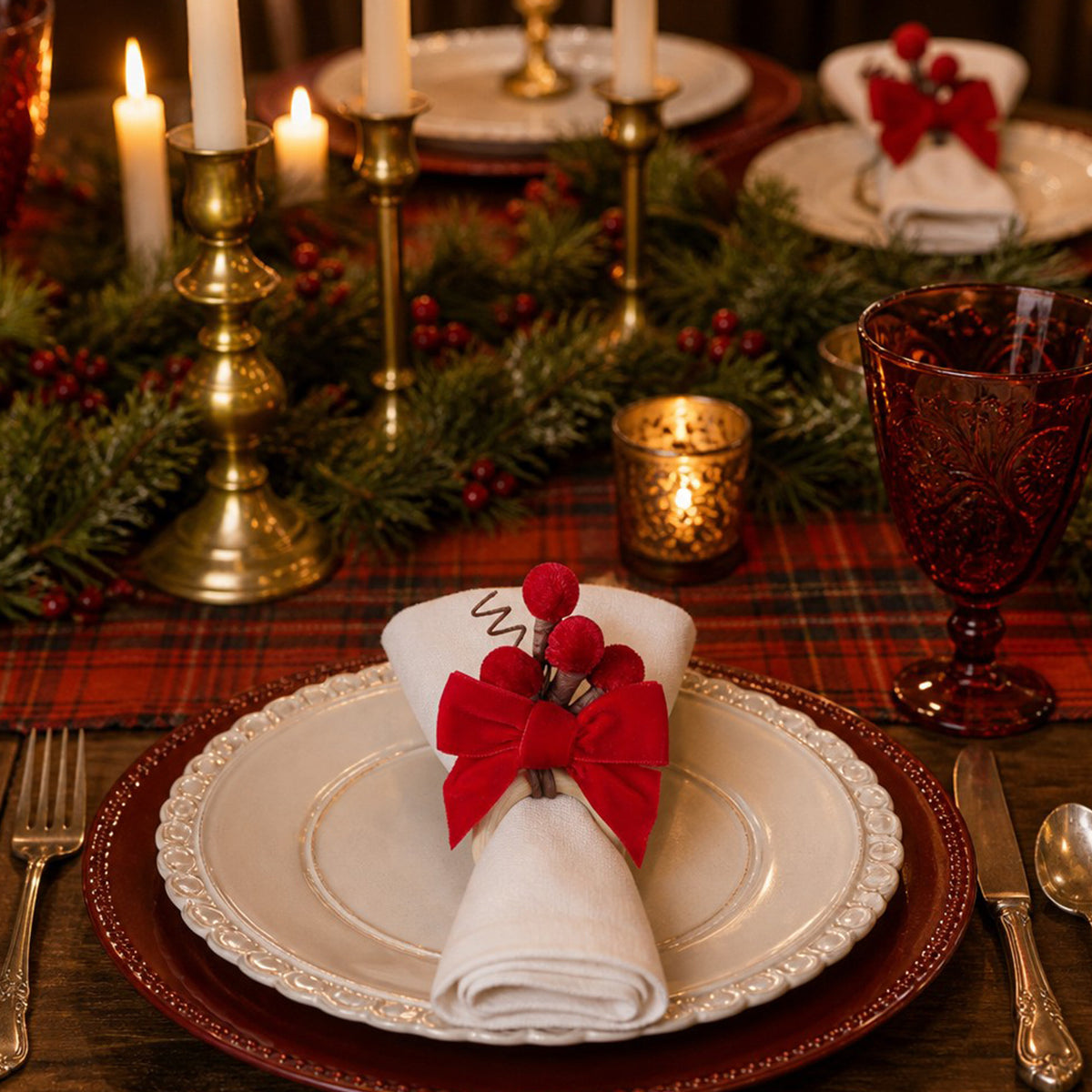 6er-Set Serviettenringe mit Schleifen, Weihnachtsdeko aus Samt
