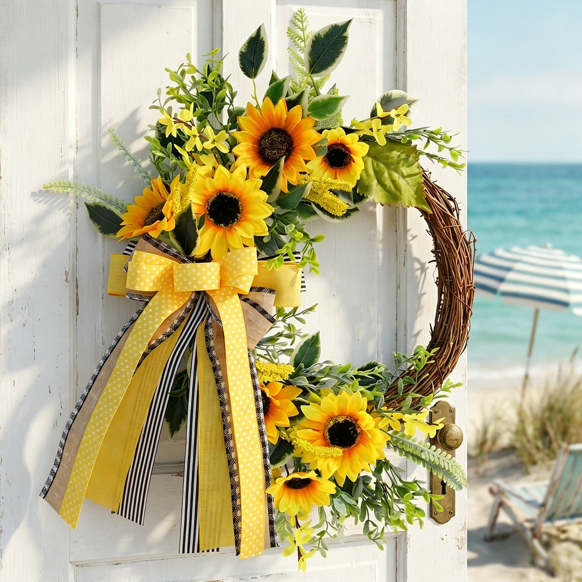 Künstlicher Sonnenblumen-Halbkranz mit Bienen, 45 cm, Herbst-Dekoration, Türschmuck aus Kunststoff