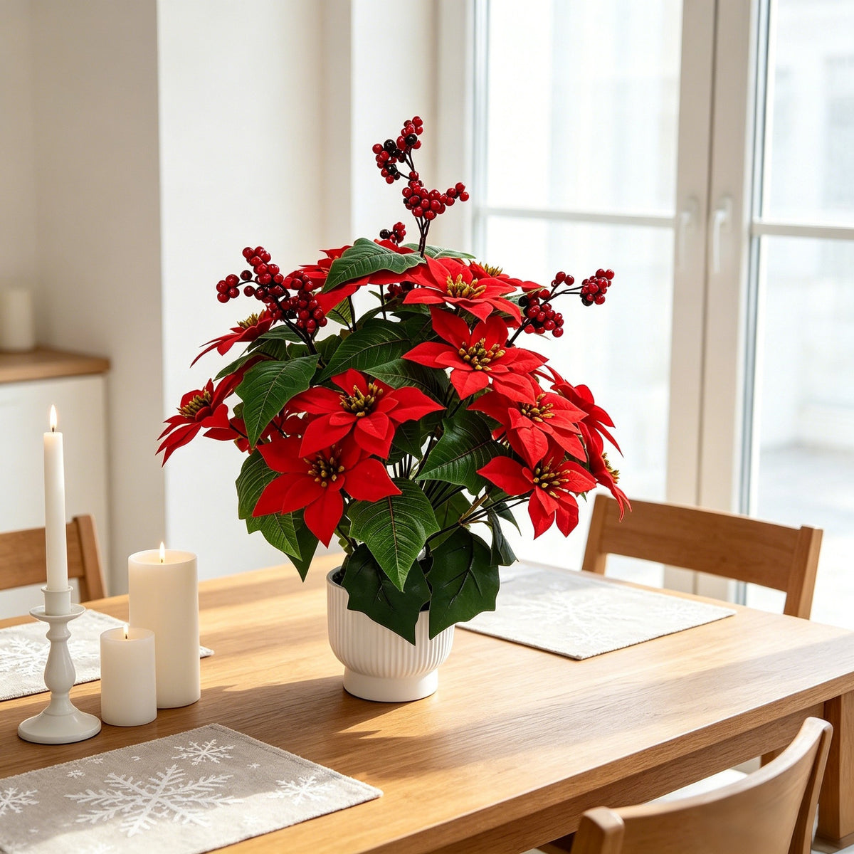 53 cm künstlicher Weihnachtsstern (Poinsettie) aus Samtstoff, Buschfor – kunstblumenshop