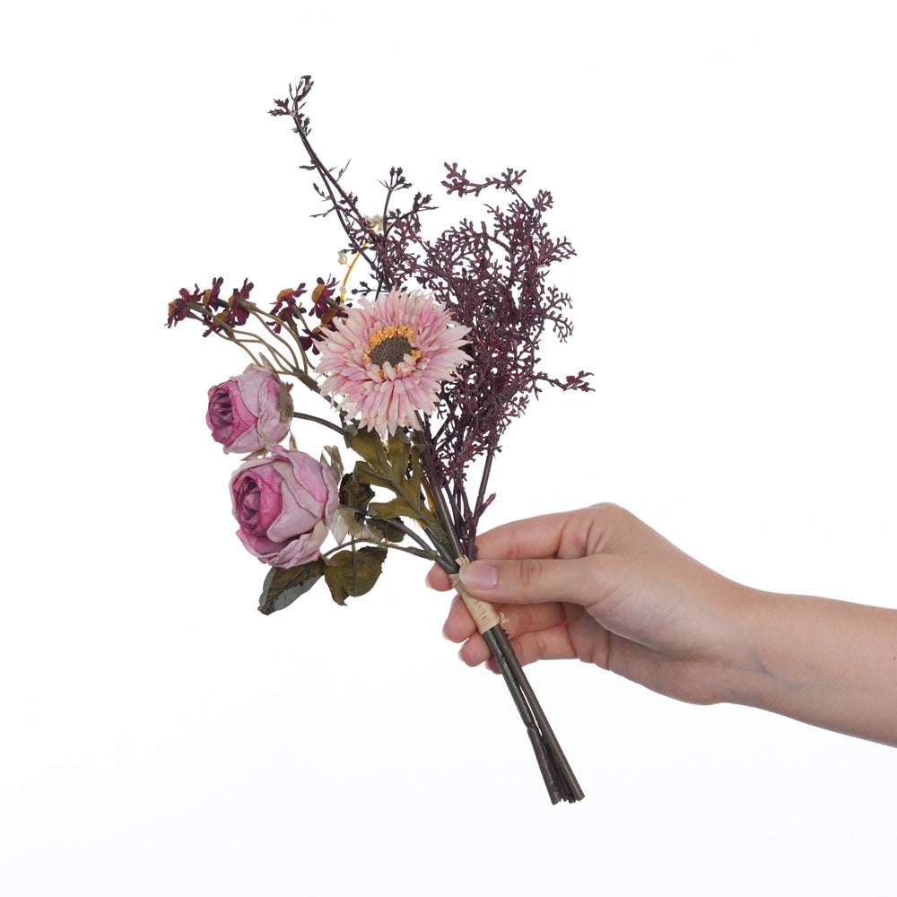 32 cm künstliches Blumenbouquet aus Rosen, Gänseblümchen und Hortensien, Vintage-Stil, für Zuhause, ohne Vase