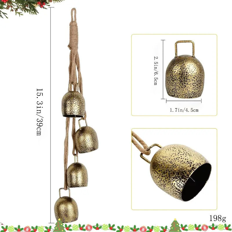 Weihnachtsglocken Anhänger, 4 Metallglöckchen am Juteband, Gold, Gesamtlänge 39 cm, Weihnachtsdeko im Vintage-Stil