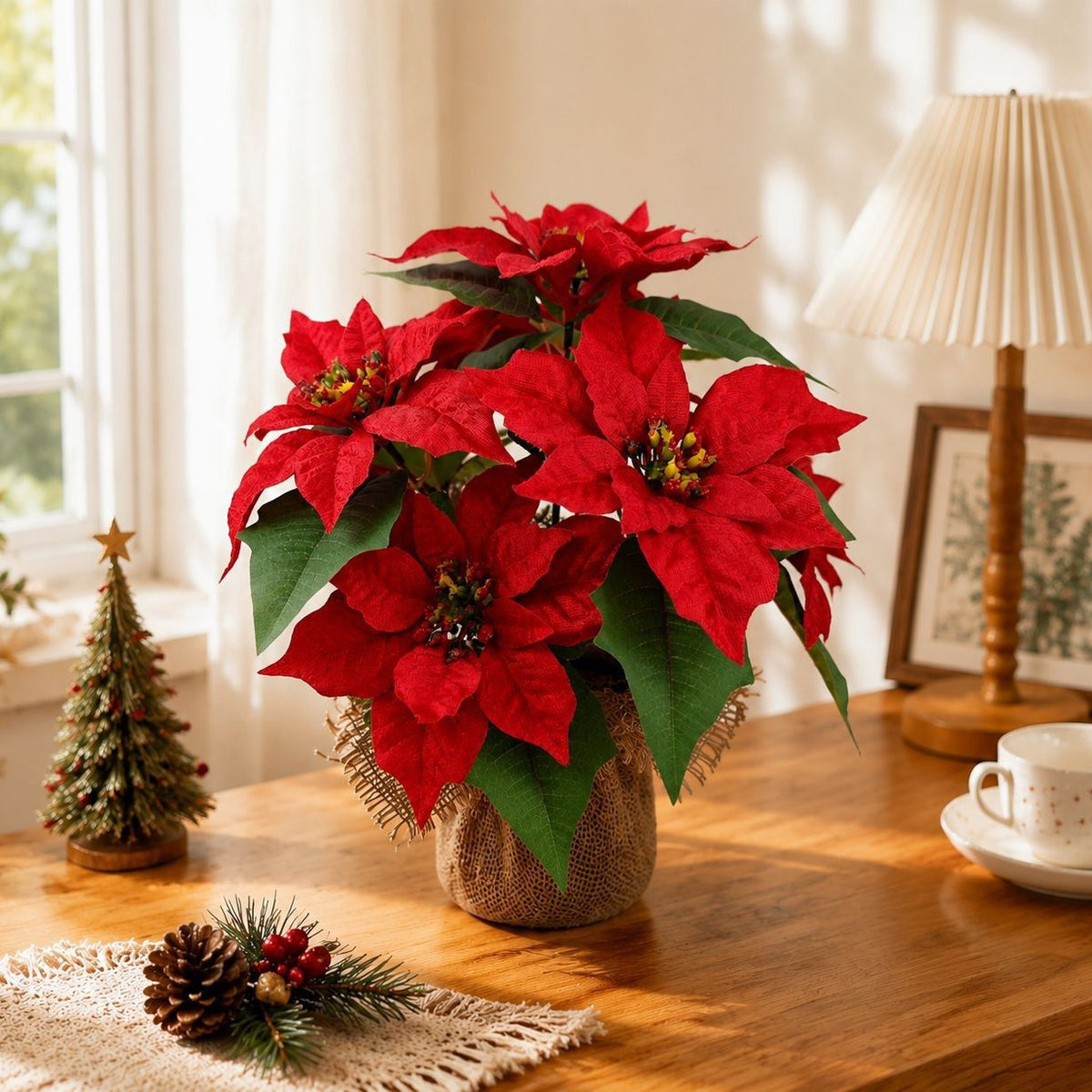 Künstliche Weihnachtsstern-Pflanze mit Topf, 34 cm, für Innen- und Außenbereich, langlebig und pflegeleicht