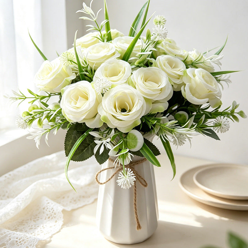 Künstlicher Rosenstrauß mit 18 Blüten, 40 cm, modern-ländlich, für Hochzeit, Dekoration, Büro, Hotel