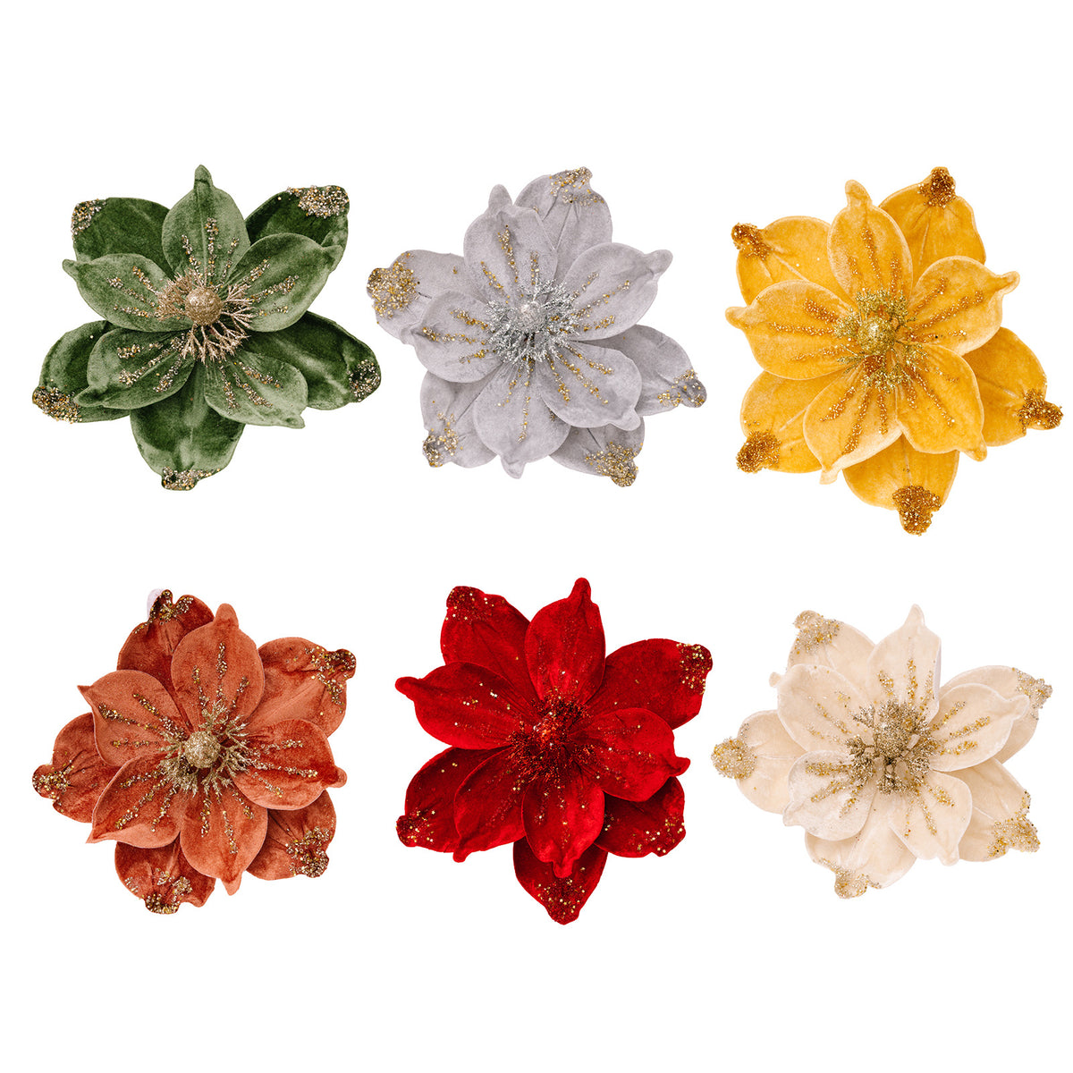 Künstliche Magnolie Weihnachtsblume, Einzelstiel mit 1 Blüte aus Samtstoff, Goldglitzer, für Weihnachtsbaum, Hochzeit & Festdeko