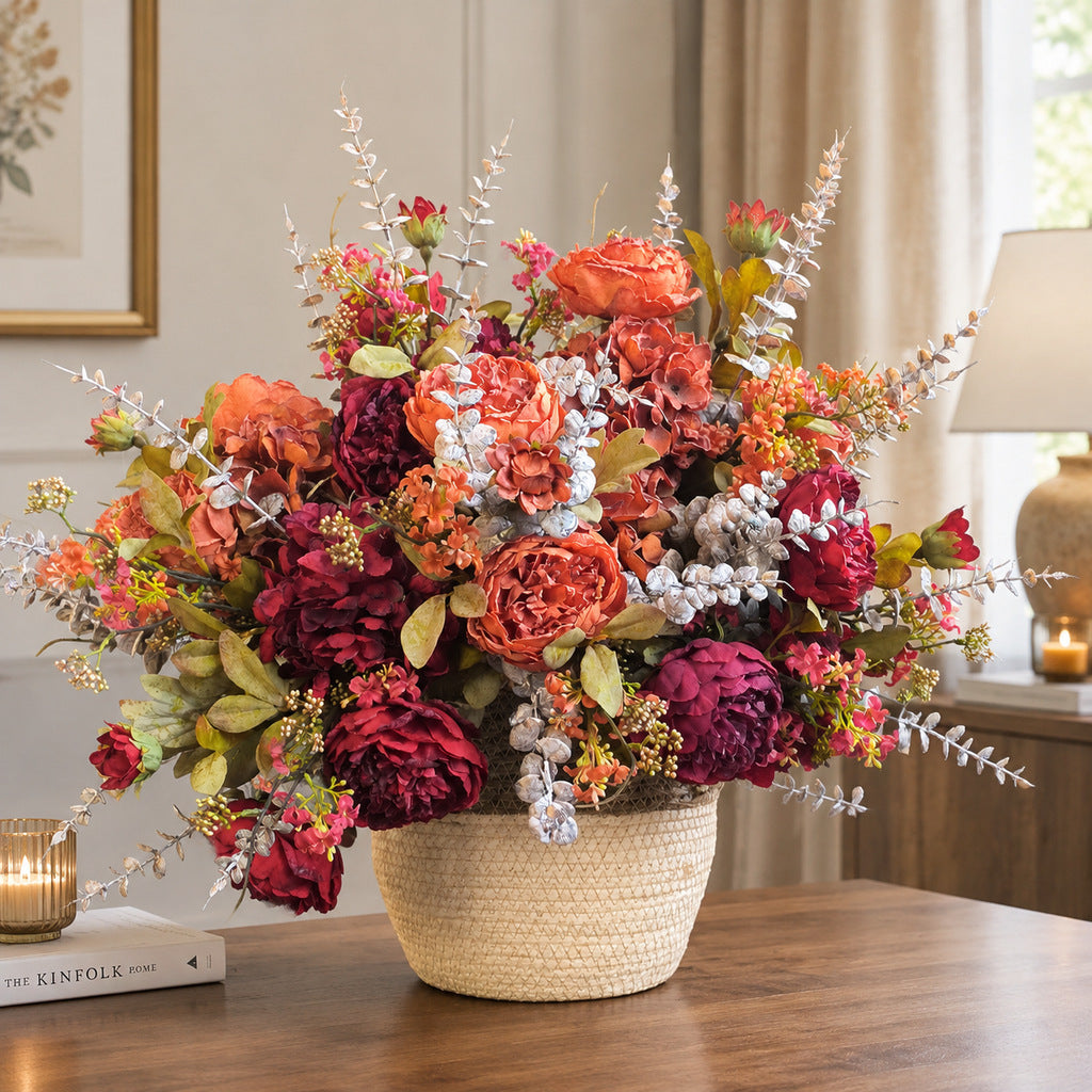 Kunstblumen Pfingstrosen-Hortensien-Bouquet, 3 Blütenköpfe, Kunstseide, Herbstfarben, für Wohnung, Büro und Schaufenster