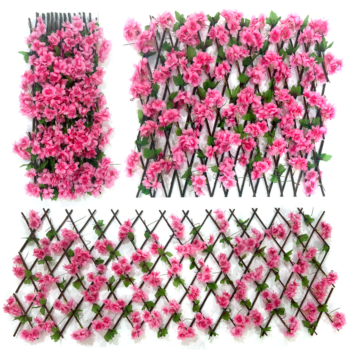 Künstlicher Kirschblüten-Zaun, ausziehbares Ziergitter mit Blüten aus Kunstseidenstoff, Balkon, Garten, Dekoration