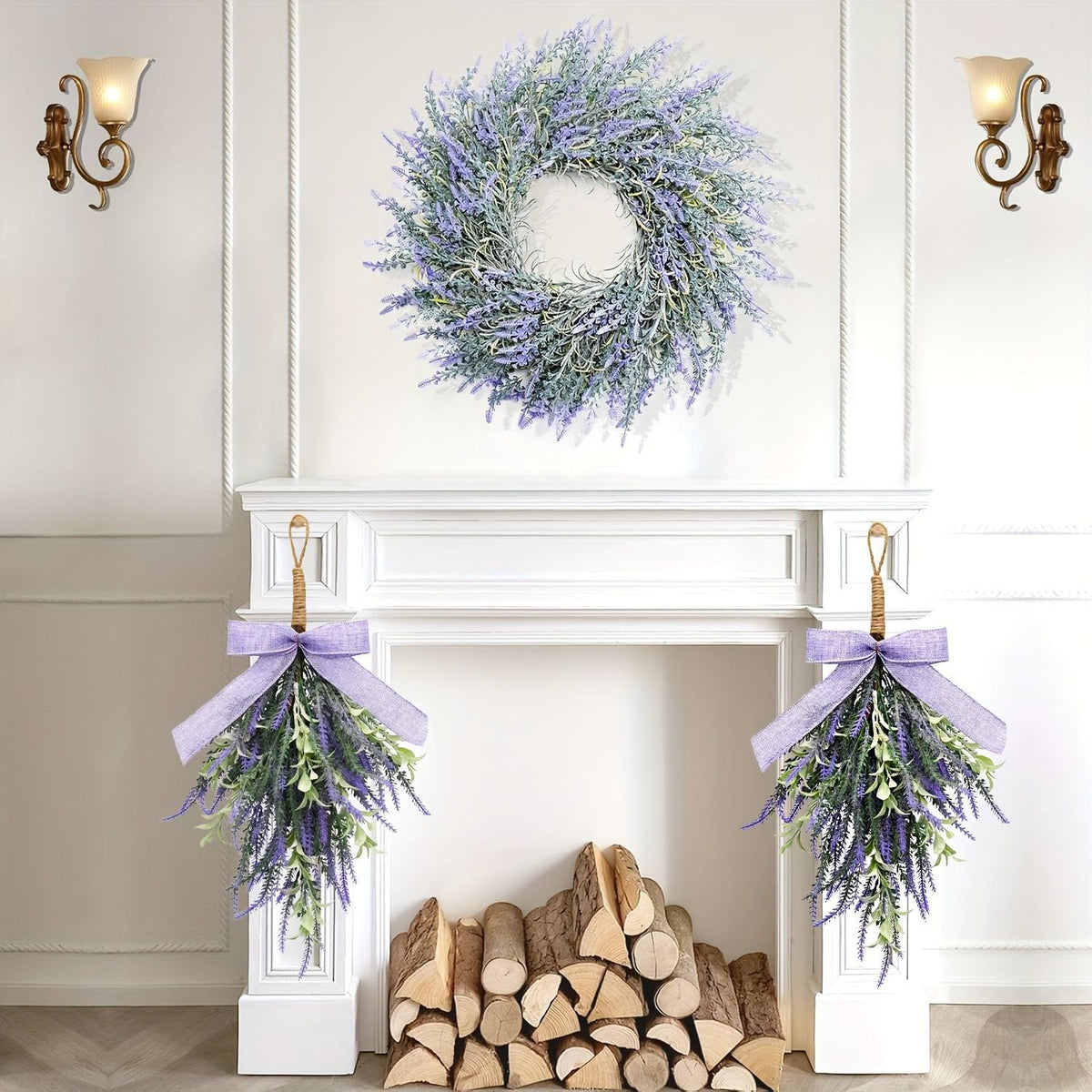 Künstlicher Lavendel mit Schleife, Wandbehang für Tür, Kunststoff (PE/PVC), Kunstblumen in Lila, für Zuhause, Schaufenster und Hotel