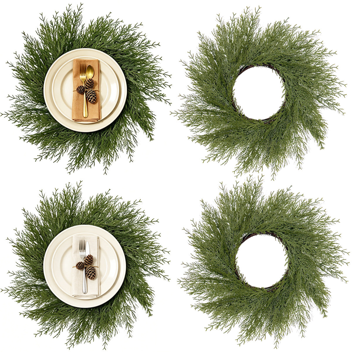 Tannenzweig-Kranz Tischset, 2er Set, künstliche Kiefern- und Zypressenzweige aus Kunststoff, Weihnachtsdeko für Tisch