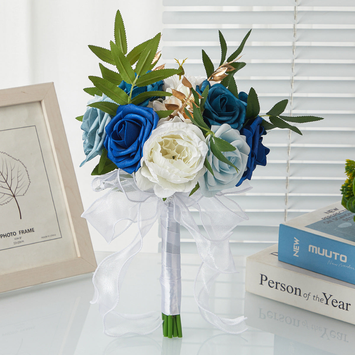 Künstlicher Rosenstrauß, 7 Blüten, 29 cm, Hochzeit Bouquet, PE-Material, Innen- und Außenbereich