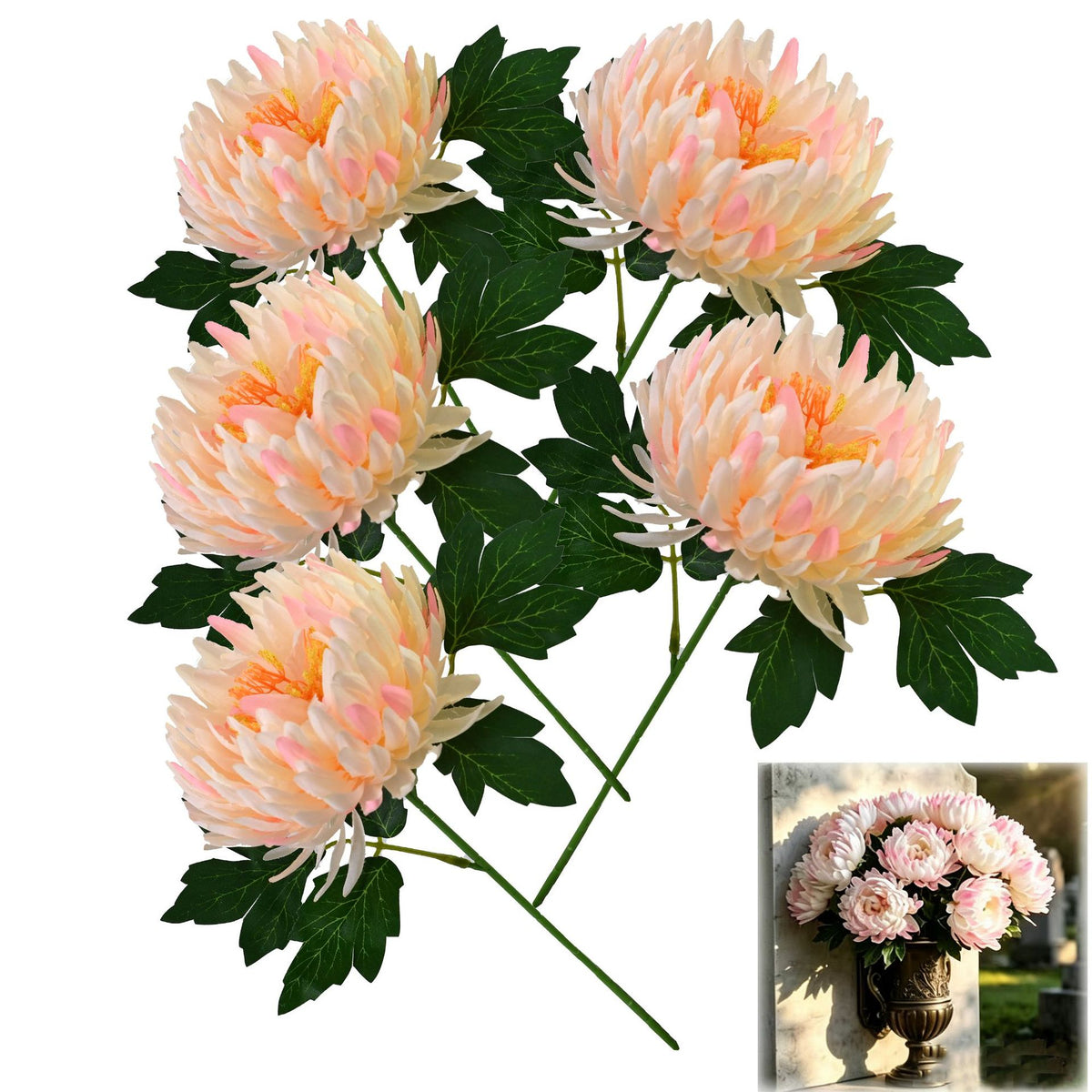Künstliche Chrysantheme, einzelner Stiel mit 1 Blüte, 34 cm hoch, Seidenstoff, für Innen- und Außendekoration
