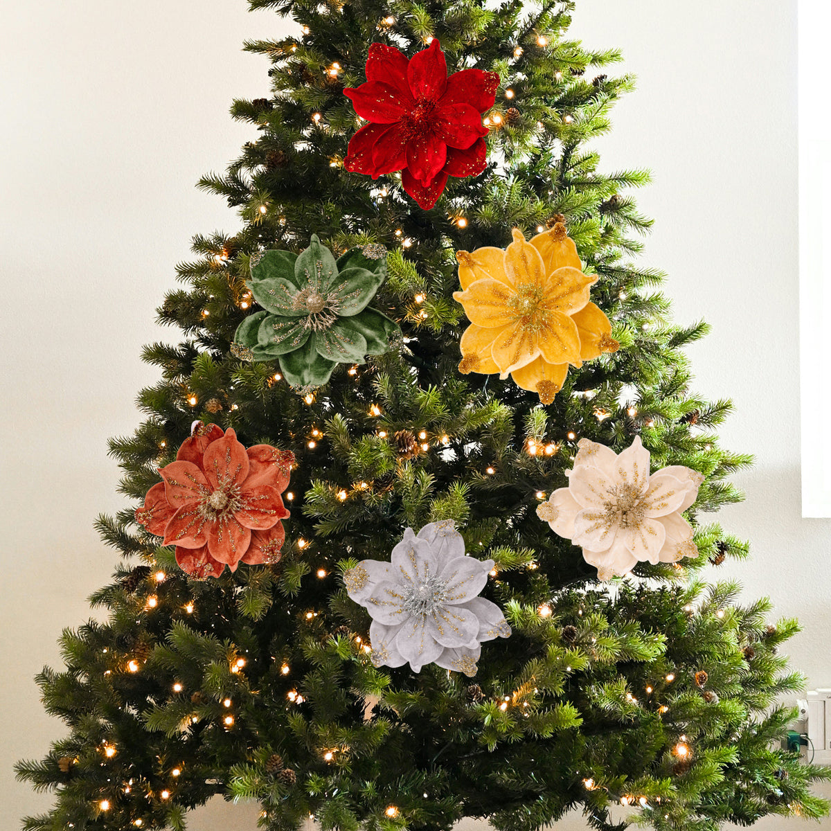 Künstliche Magnolie Weihnachtsblume, Einzelstiel mit 1 Blüte aus Samtstoff, Goldglitzer, für Weihnachtsbaum, Hochzeit & Festdeko