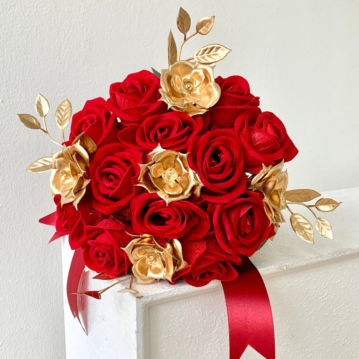 Hochzeits-Brautstrauß künstliche Rosen, 18 Blüten, 30 cm hoch, Seidenblumen für Innen- und Außenbereich