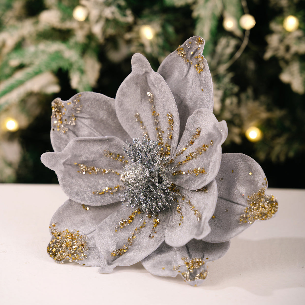 Künstliche Magnolie Weihnachtsblume, Einzelstiel mit 1 Blüte aus Samtstoff, Goldglitzer, für Weihnachtsbaum, Hochzeit & Festdeko