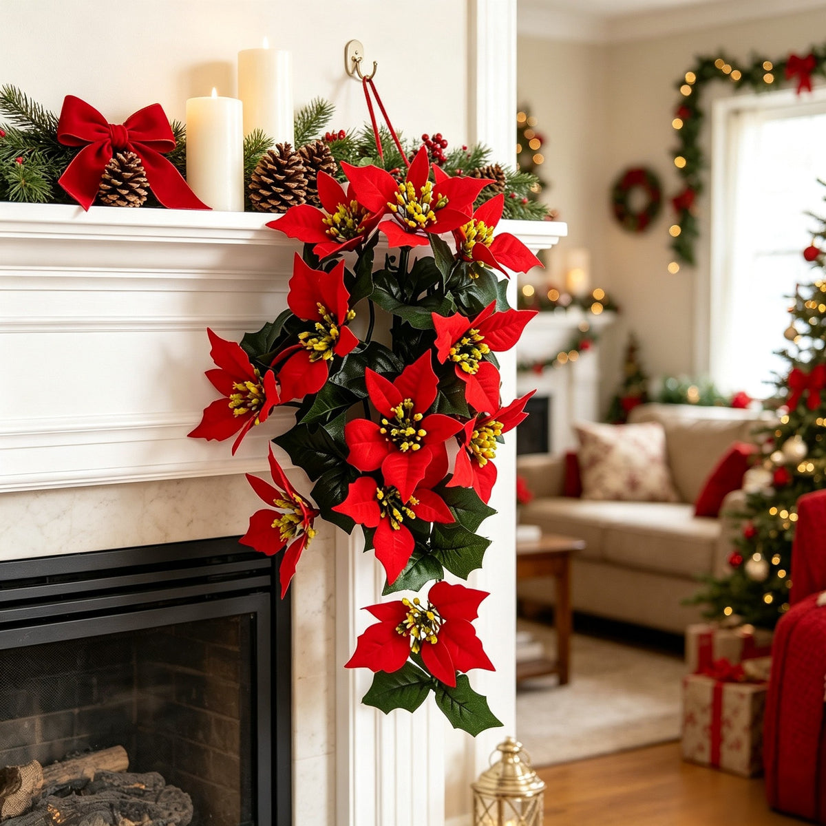 Künstliche Weihnachtsstern-Girlande mit 11 Blüten, 40 cm, für festliche Dekoration, Hochzeiten und Gewerbe