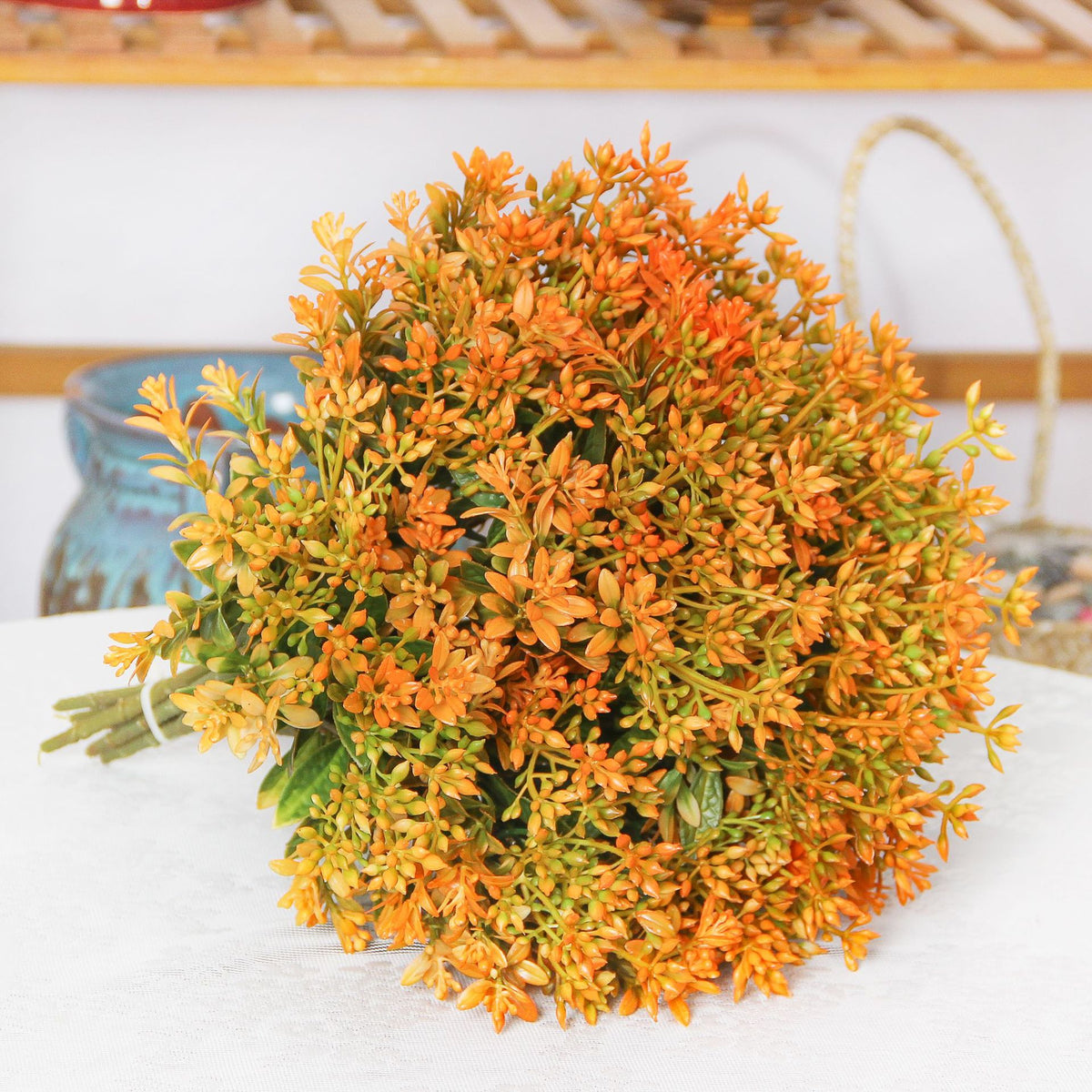 Kunstpflanze Kalanchoe-Busch, 15 Blütenköpfe, 35 cm, Kunststoff, für Hotel, Hochzeit, Wohnraum und Schaufenster