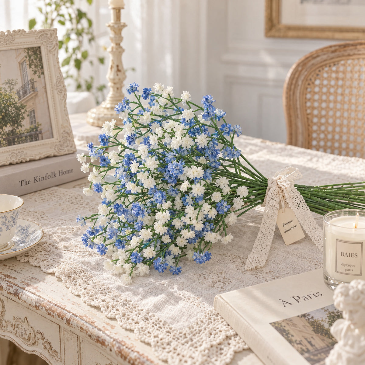 10er Set künstliche Gypsophila (Schleierkraut) Stiele – 27 cm, Silikon, Hochzeit Dekoration, Floristik, Innenraum, weiß & himmelblau