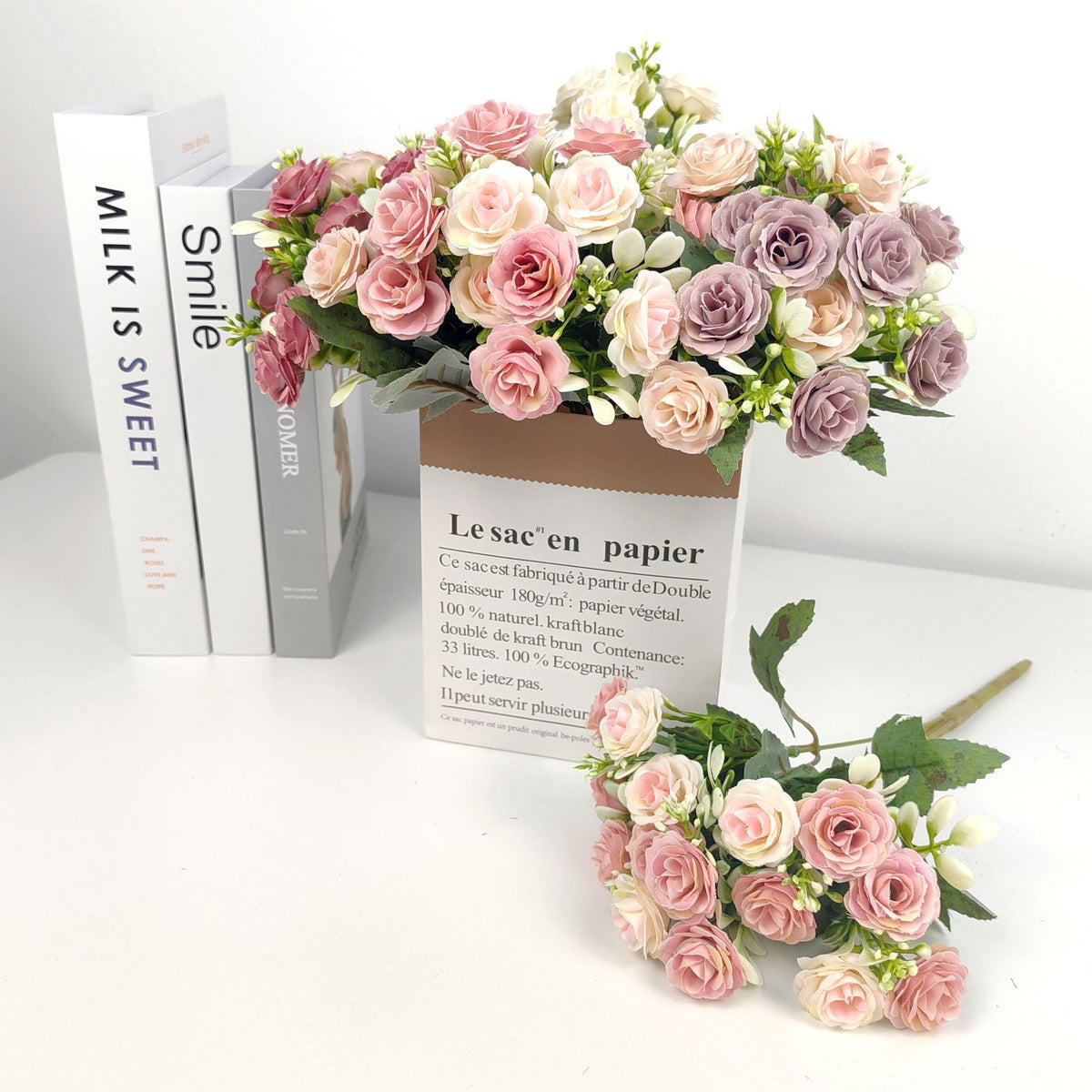 Künstliche Rose, Strauß mit 15 Blüten, 30 cm hoch, Seidenstoff, für Hochzeiten und Innendekoration