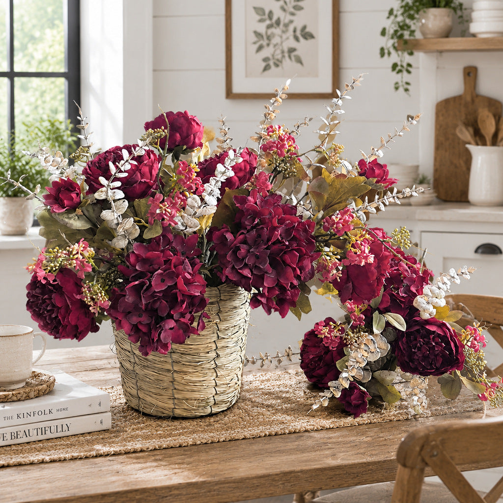 Kunstblumen Pfingstrosen-Hortensien-Bouquet, 3 Blütenköpfe, Kunstseide, Herbstfarben, für Wohnung, Büro und Schaufenster