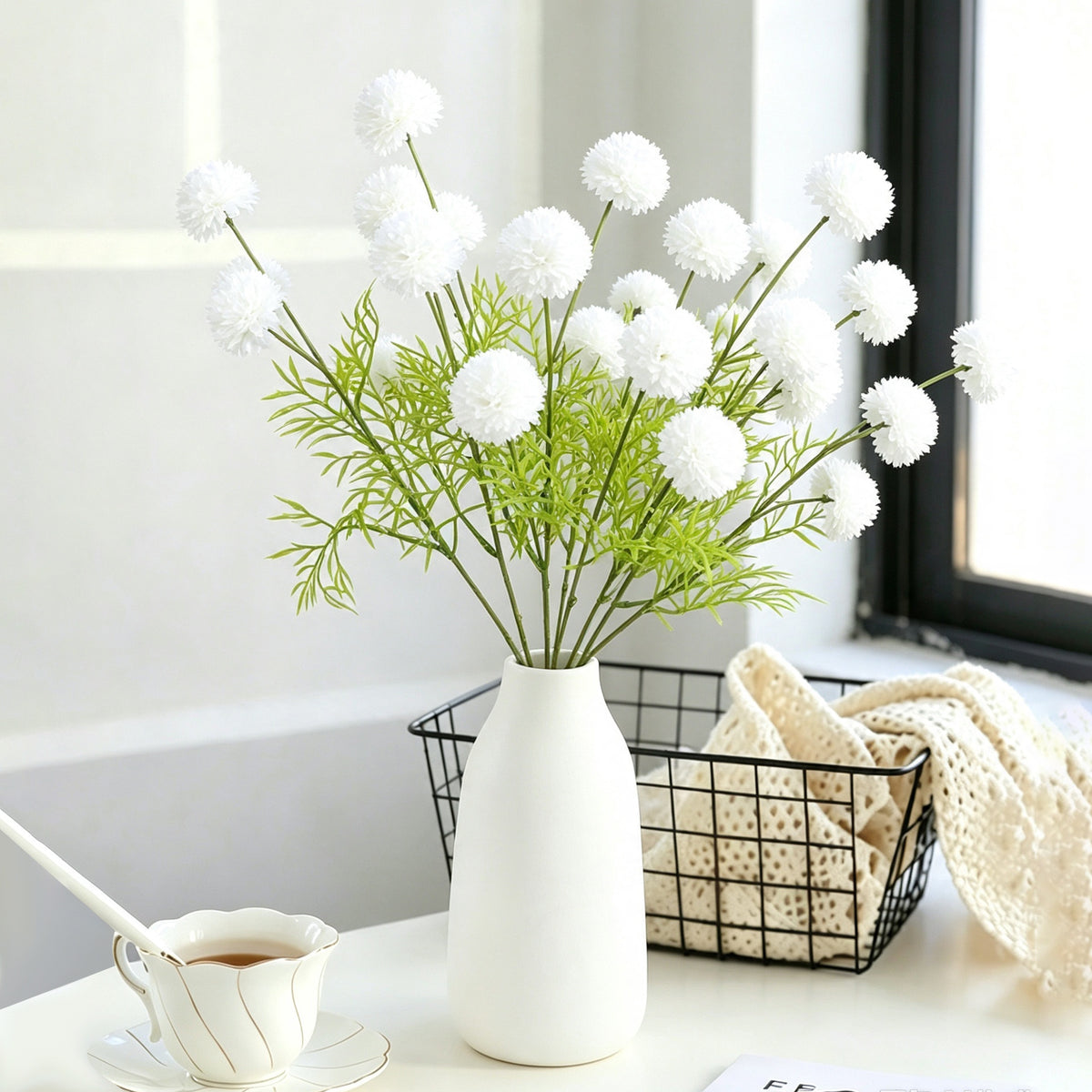 Kunstblumen Chrysantheme Bällchen-Busch mit 21 Blütenköpfen, Kunstseide-Stoff, 50 cm, für Hochzeit, Hotel & Dekoration