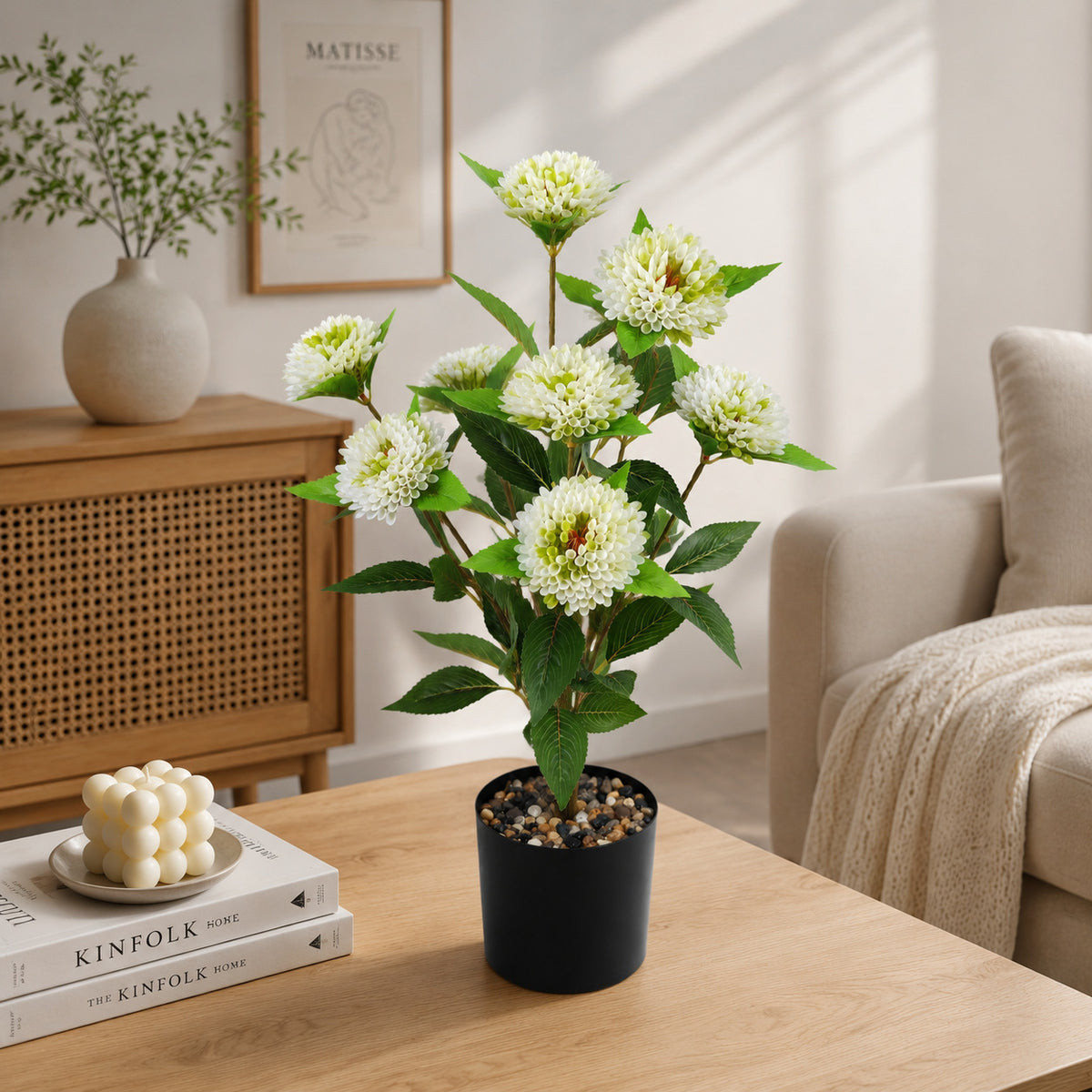 57 cm künstliche Chrysanthemen-Pompoms, 9 Blüten, moderne Deko für Hoc – kunstblumenshop
