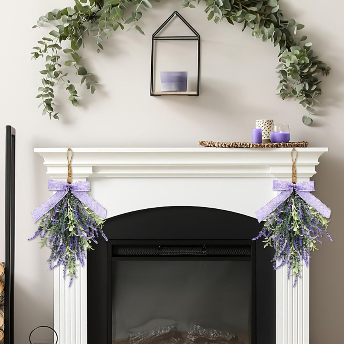 Künstlicher Lavendel mit Schleife, Wandbehang für Tür, Kunststoff (PE/PVC), Kunstblumen in Lila, für Zuhause, Schaufenster und Hotel