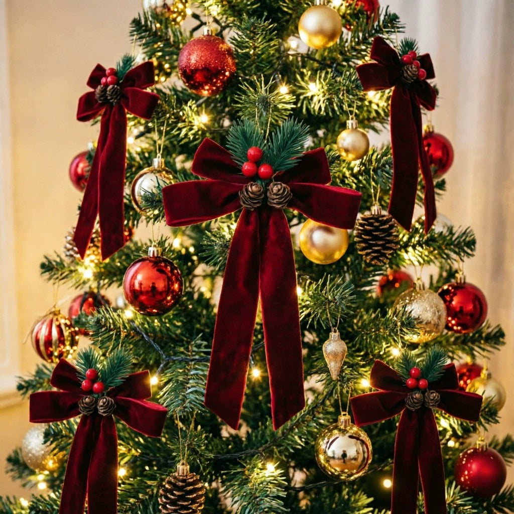 Weihnachtsbaum-Dekoration Samt-Schmetterlingsschleife mit Glocke, 18 cm, realistisch, für Haustür, Fenster, Festdekoration, 4 Stück