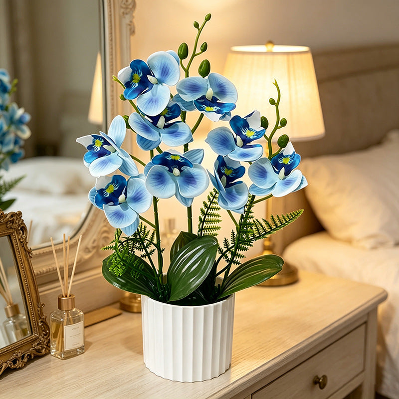 Künstlicher Orchideenstrauß mit 9 Blüten, 31,5 cm hoch inklusive Pflanzgefäß, für Hochzeiten, Innenräume und Dekoration