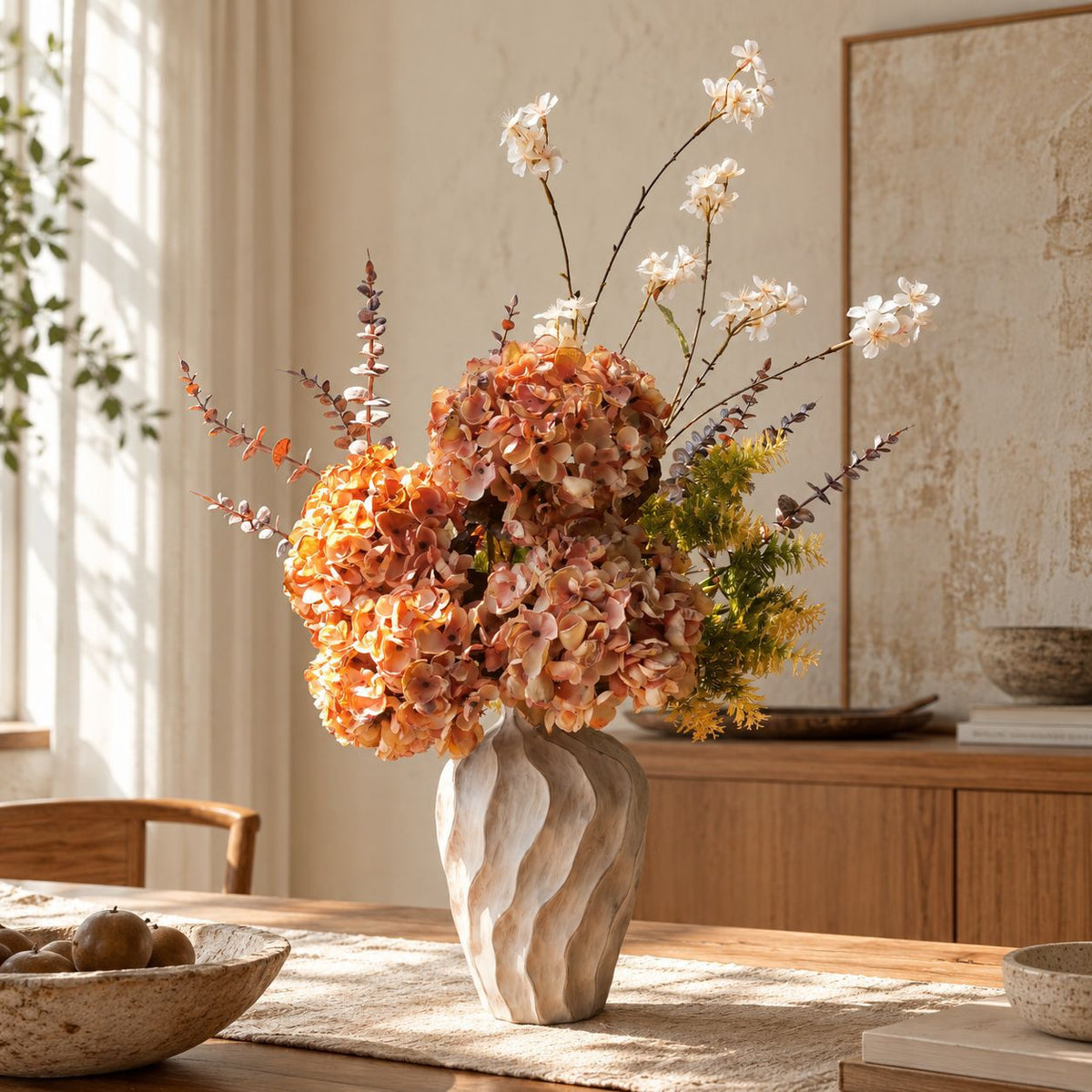 Künstliche Hortensie Einzelstiel, Vintage-Stil, Kunstseide, 1 Blüte, Kunstblume für Vitrine, Wohnraum und Festdekoration