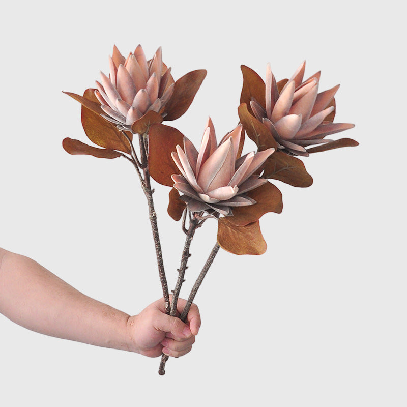 Künstliche Protea-Blüte, einzelner Stiel, 52 cm hoch, Karamellfarbe, aus Seidenstoff, für Innenräume