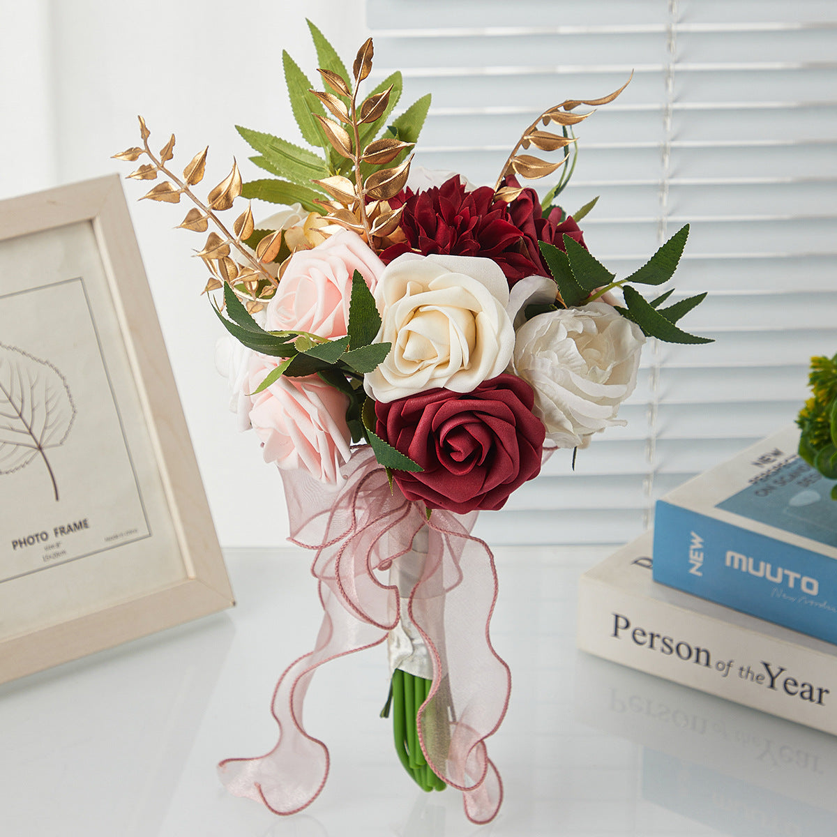 Künstlicher Rosenstrauß, 7 Blüten, 29 cm, Hochzeit Bouquet, PE-Material, Innen- und Außenbereich