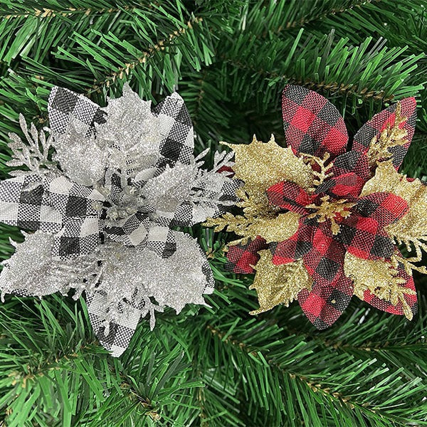14 cm künstliche Weihnachtsblume, lose Blüte, Kunststoff, rot/silber, Festtagsdekoration, für Floristik & Eventgestaltung