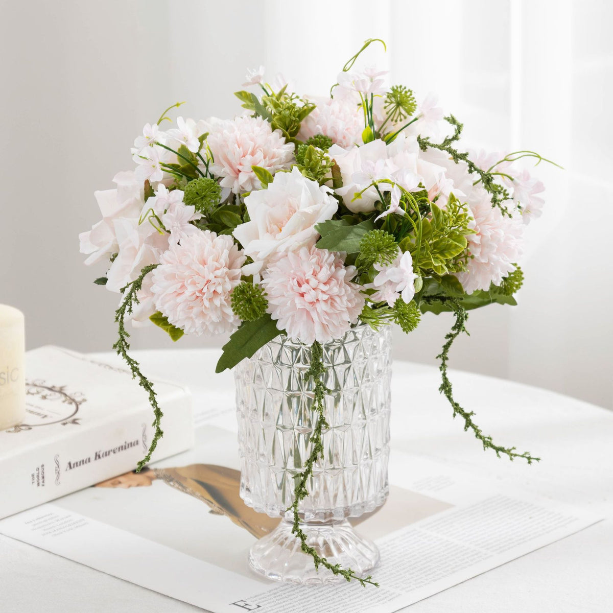 28 cm künstliche Rosenstrauß mit Chrysanthemen und Millet, Kunststoff, 5 Blüten, für Hochzeiten und Innendekoration