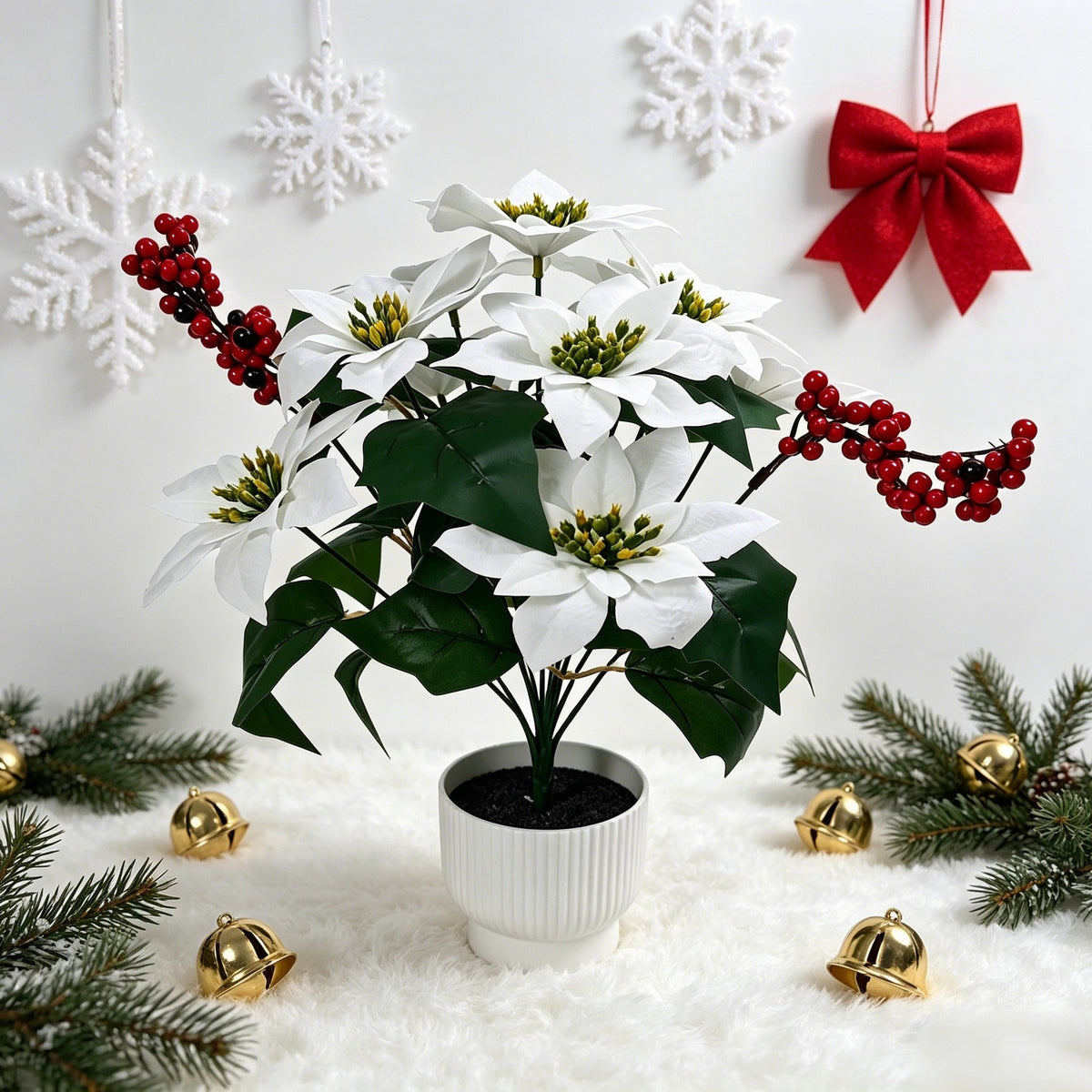 53 cm künstlicher Weihnachtsstern (Poinsettie) aus Samtstoff, Buschform, für festliche Dekoration, Hotel, Büro und Zuhause