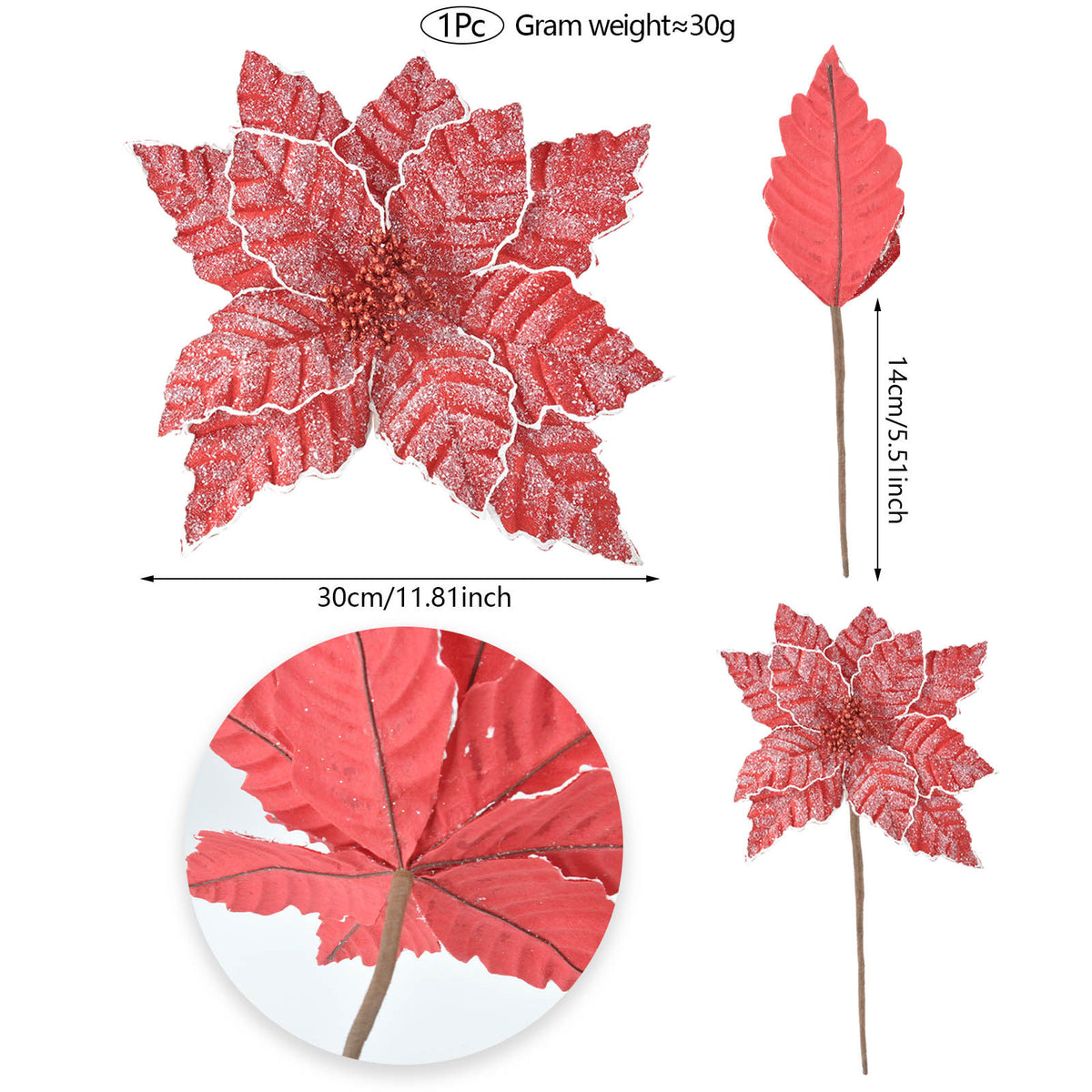 Künstliche Weihnachtsstern-Blüte aus Samtstoff, 28 cm hoch, einzelner Stiel für festliche Dekoration