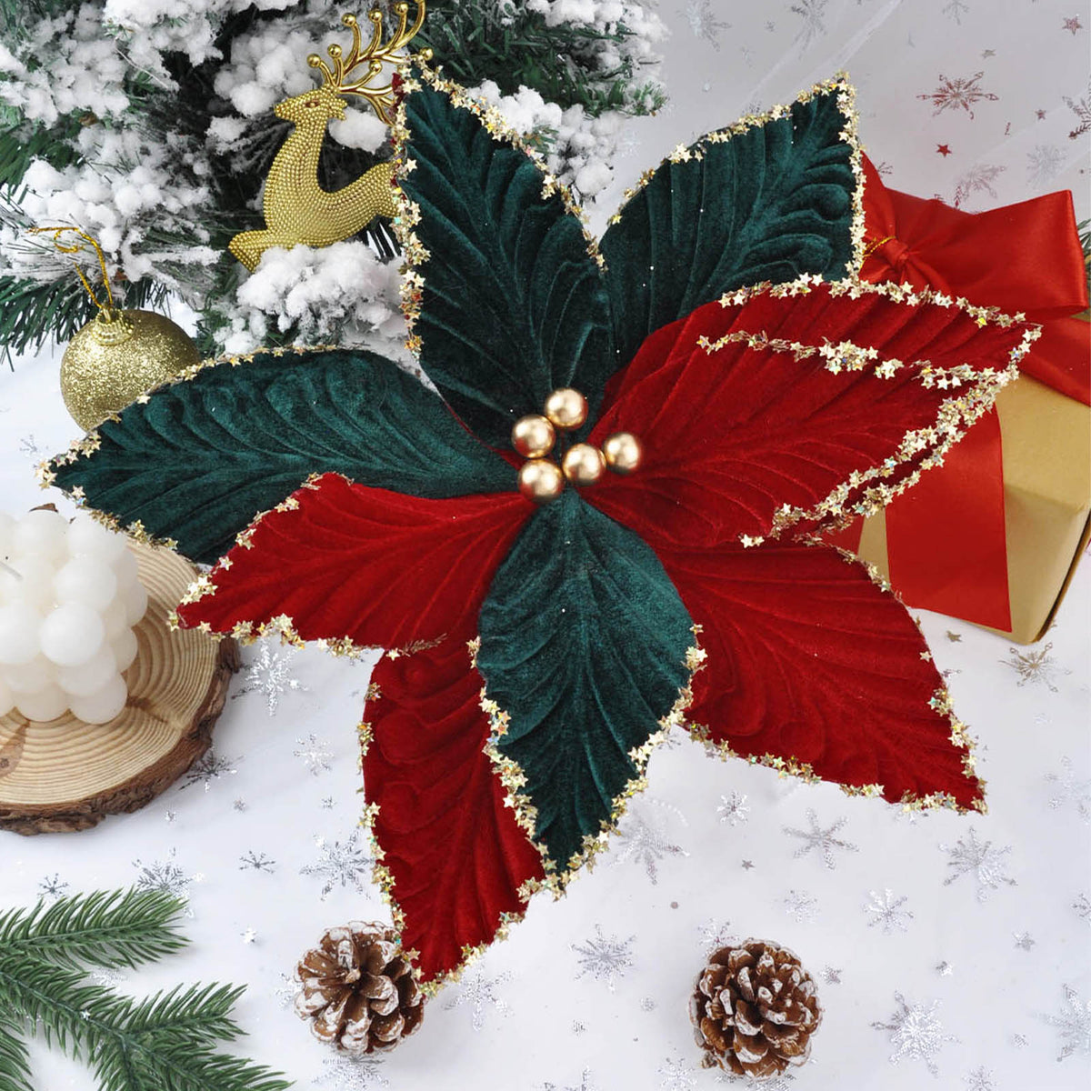 Künstliche Weihnachtsstern-Blüte aus Samtstoff, 28 cm hoch, einzelner Stiel für festliche Dekoration
