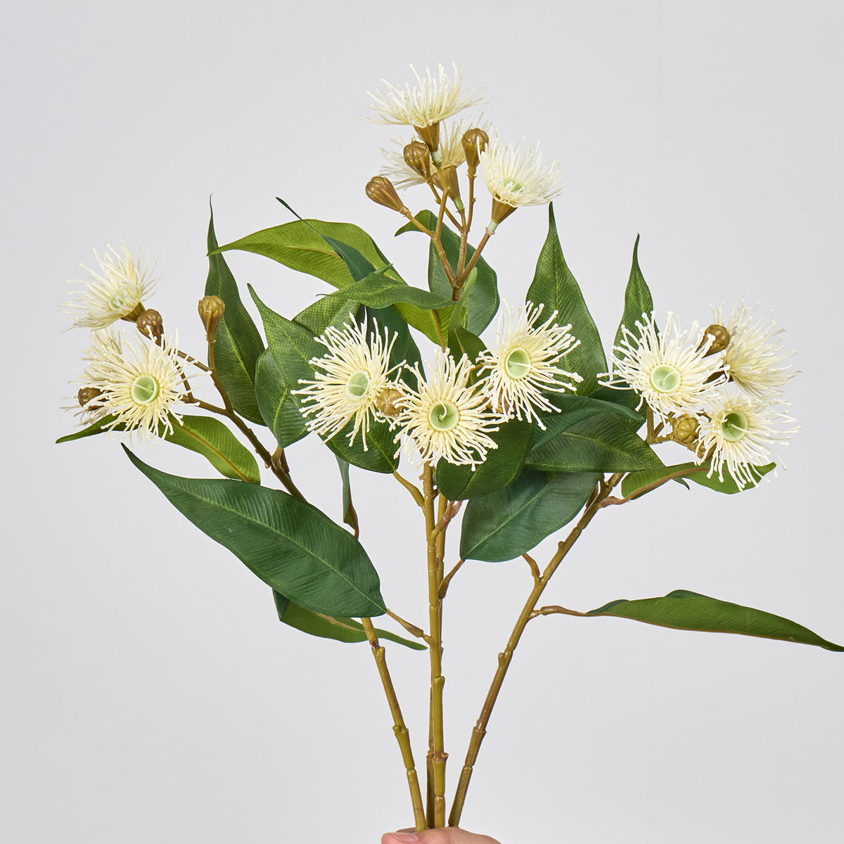 Künstliche Blumenarrangement, 3 Blütenköpfe (Wilder Hafer, Eukalyptus, Pusteblume, Zwiebelblume), 48 cm, single Stem, für Hochzeit, Dekoration, Innenraum