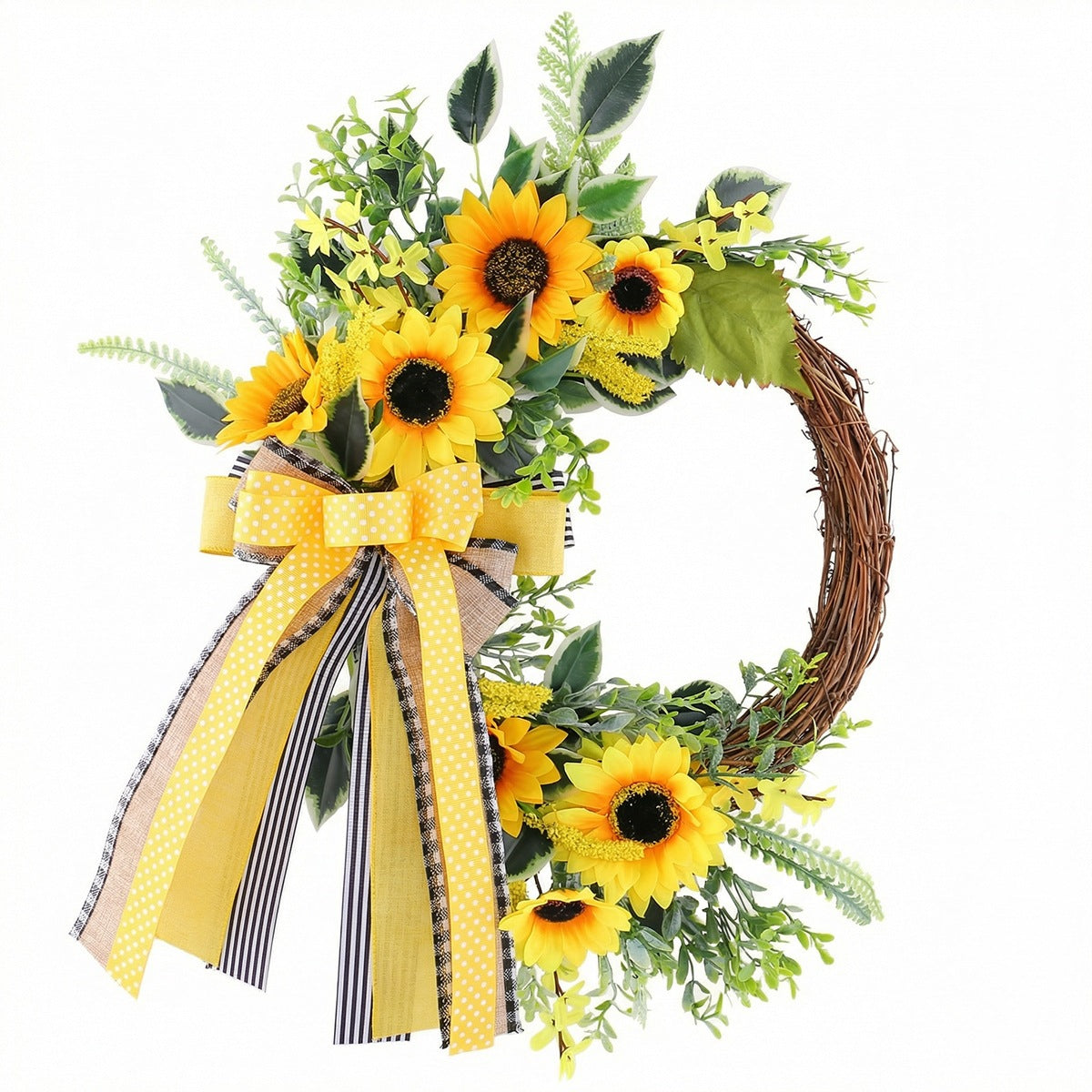 Künstlicher Sonnenblumen-Halbkranz mit Bienen, 45 cm, Herbst-Dekoration, Türschmuck aus Kunststoff