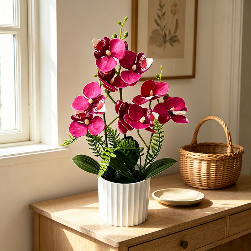 Künstlicher Orchideenstrauß mit 9 Blüten, 31,5 cm hoch inklusive Pflanzgefäß, für Hochzeiten, Innenräume und Dekoration